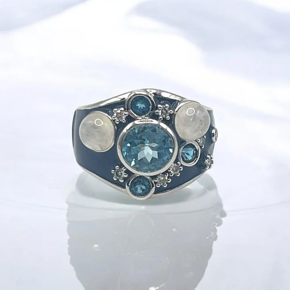 Blue Topaz and Moonstone Blue Enamel Ring in 925 Sterling Silver - Picture 1 of 3